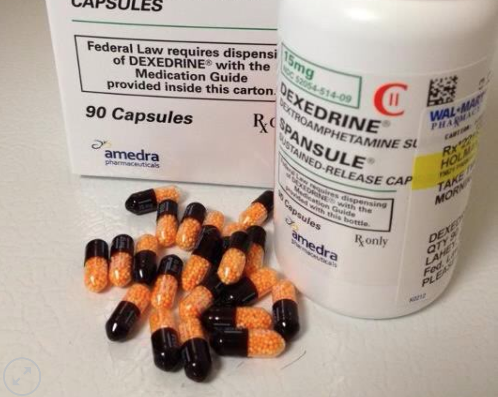 Dextroamphetamine (Dexedrine) — नारंगी / ब्लैक Spansule कैप्सूल (5-15 मिलीग्राम); नारंगी टैबलेट