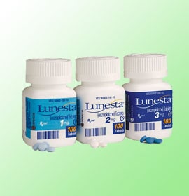 Eszopiclone (Lunesta) — Weiße/blaue filmbeschichtete runde Tabletten (1–3 mg)