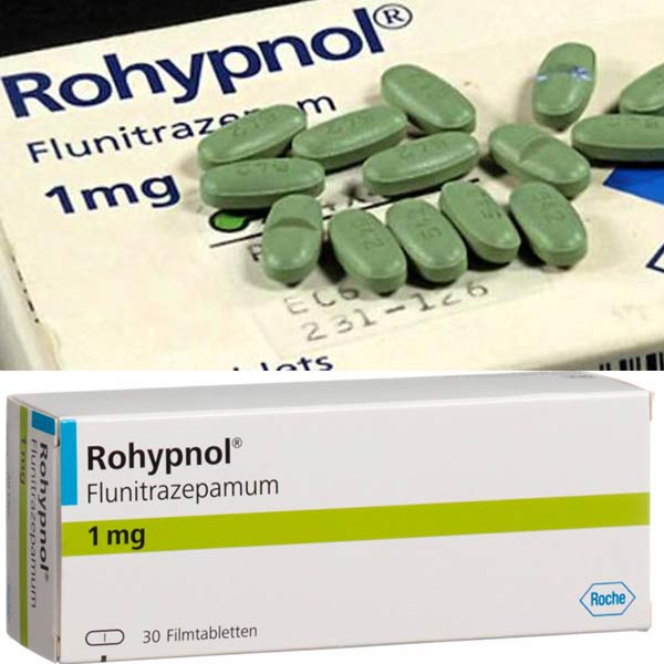 Flunitrazepam (Rohypnol) — Comprimidos blancos de 1-2 mg (los antiguos se volvieron azules en las bebidas); líquido limpio sin olor