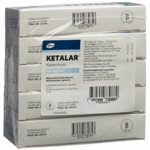 Ketalar (ketamine injection) — líquido limpo em frascos de 10/50 mg/mL, embalagem farmacêutica