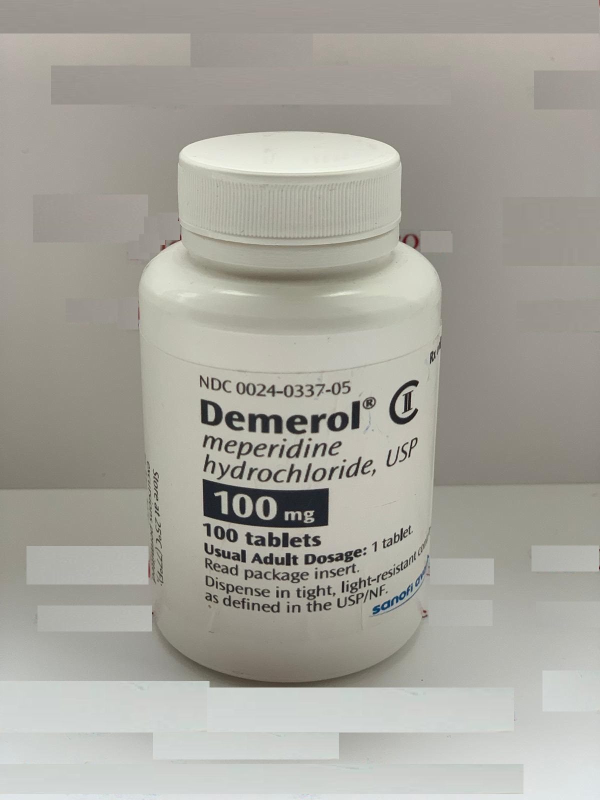 Meperidine (Demerol) — सफेद कैप्सूल (50/100 मिलीग्राम); स्पष्ट इंजेक्शन समाधान