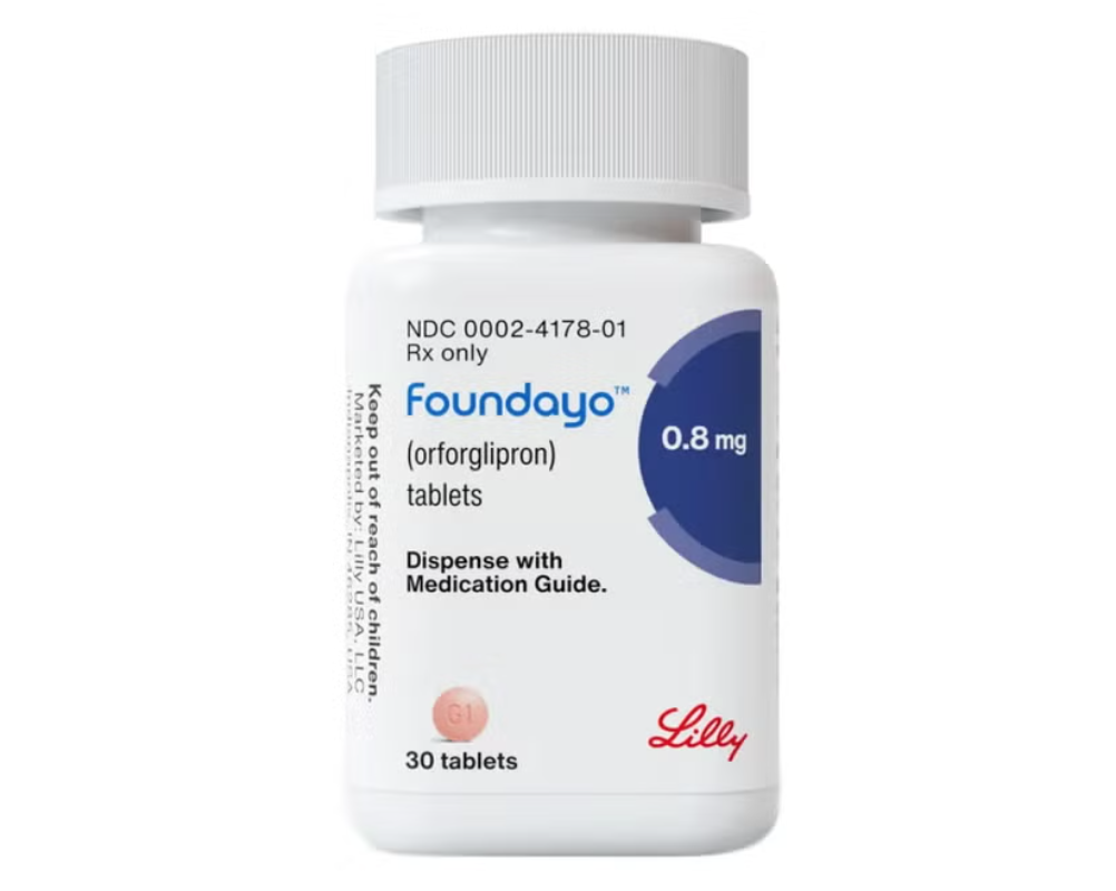 Orforglipron (Foundayo) — Małe okrągłe tabletki (0.25-12 mg), butelka Lilly