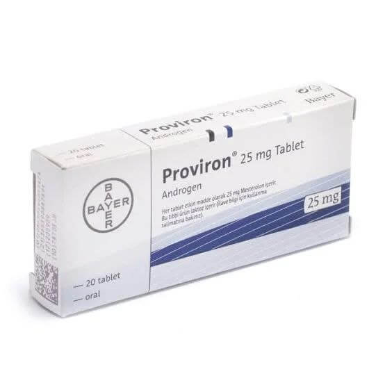 Mesterolone (Proviron) — Weiße 25 mg-Tabletten mit Schlagzeilen, „PROVIRON“