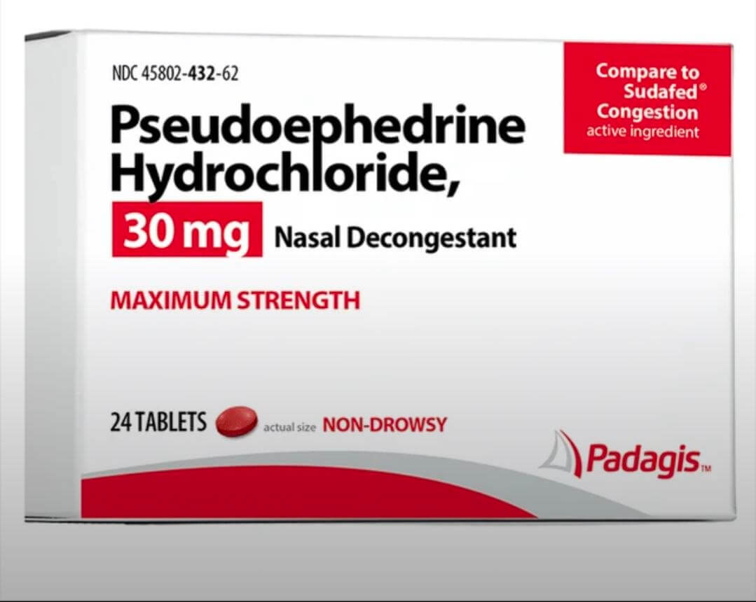 Pseudoephedrine HCl — Weiße 30/60 mg Tabletten; roter, heißer Vorläufer von Methan